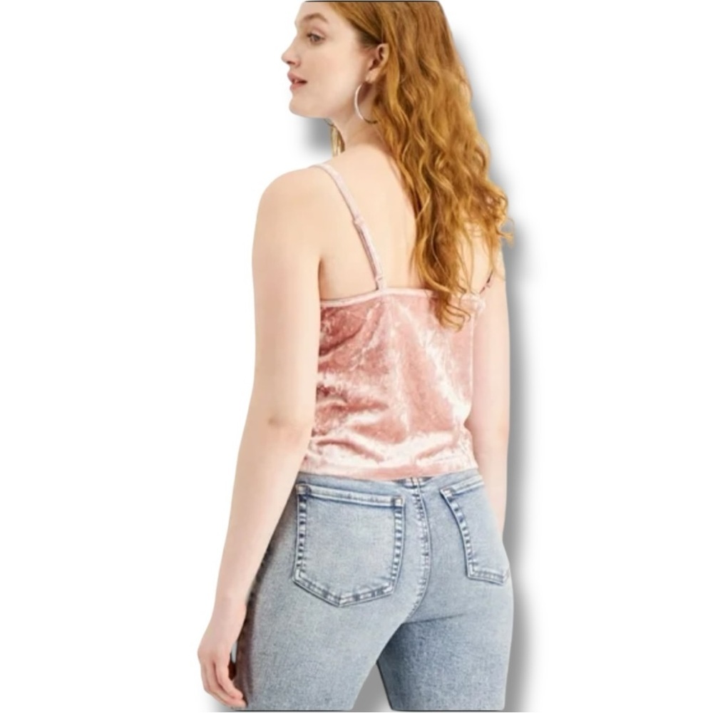 Hippie Rose Baby Pink Velour Ruched Drawstring Thin Straps Cropped Camisole Top - Picture 2 of 16